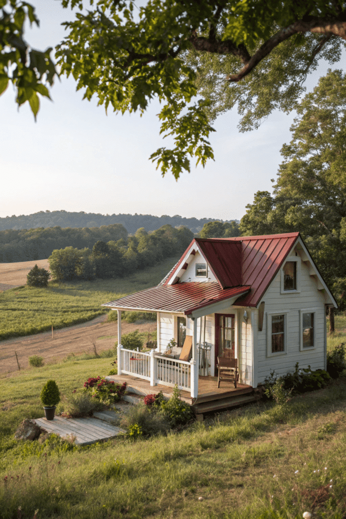 Rural areas tiny house A rural scene featuring a charming quaint country style house with a rustic aesthetic The house painted in a light color with a prominent red corrugated roof is situated on a gently sloping grassy hillside The surrounding area is lush with greenery including a variety of trees shrubs and a small garden with vibrant red flowers The landscape is expansive with fields extending into the distance and the sky is clear with a soft diffused light filtering through The image is a photograph