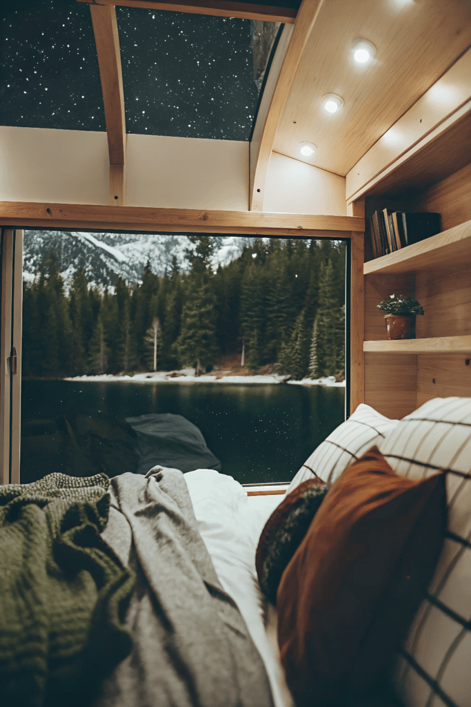 Stargazer tiny home A tiny house with skylights allowing views of the starry night sky The interior is bright and airy with easy access to the lake and nearby snow covered mountains