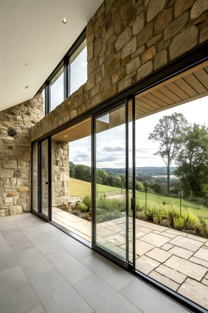Stone and glass blend tiny house with stone interior and galss doors