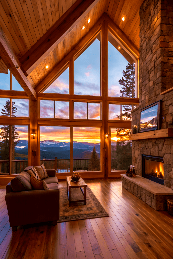 Sunset ridge chalet inside of a cozy chalet with fireplace and sofa