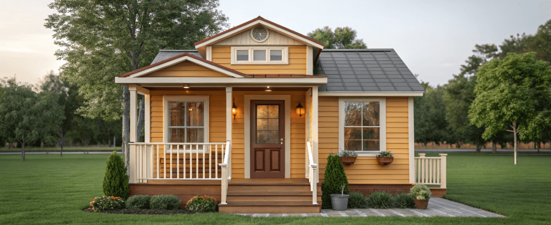 A Tiny House Park Model Home on grass