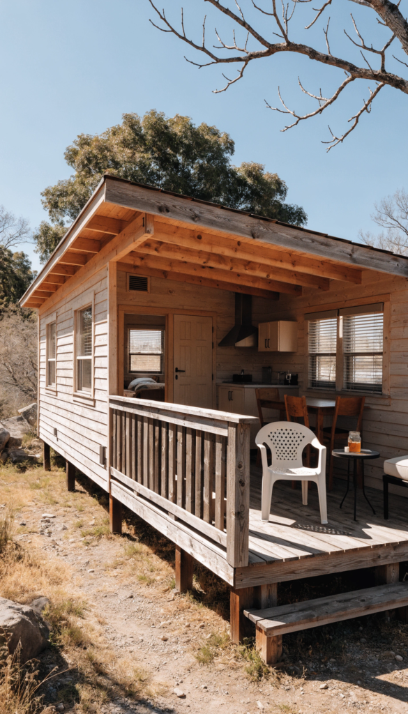 Warm tiny ranch home Small wooden cabin with a raised deck and outdoor seating on a sunny day outside
