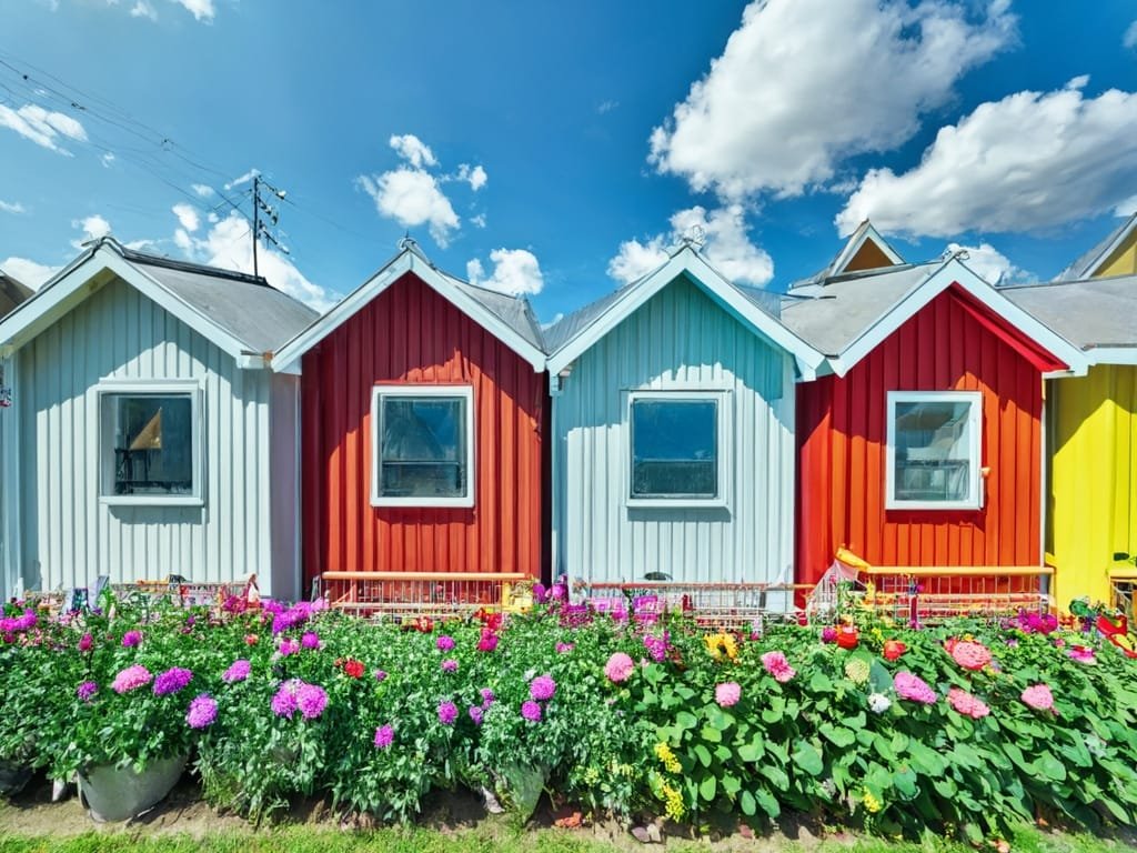What exactly is an amazon tiny house Colorful tiny homes next to a flower bed