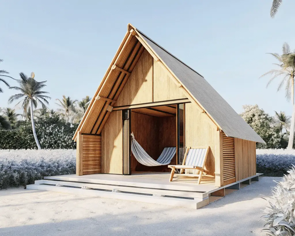 Wood tiny home on sand A tropical tiny home listed as a vacation rental