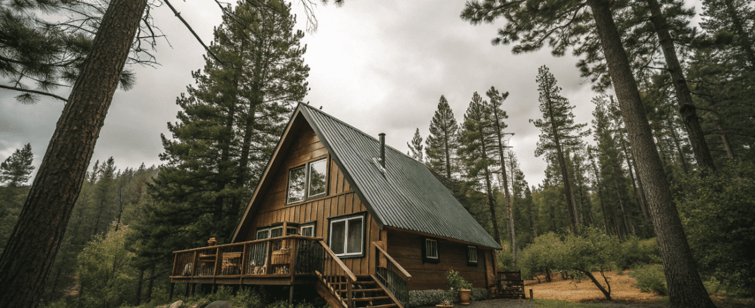 A frame cabin in a forest