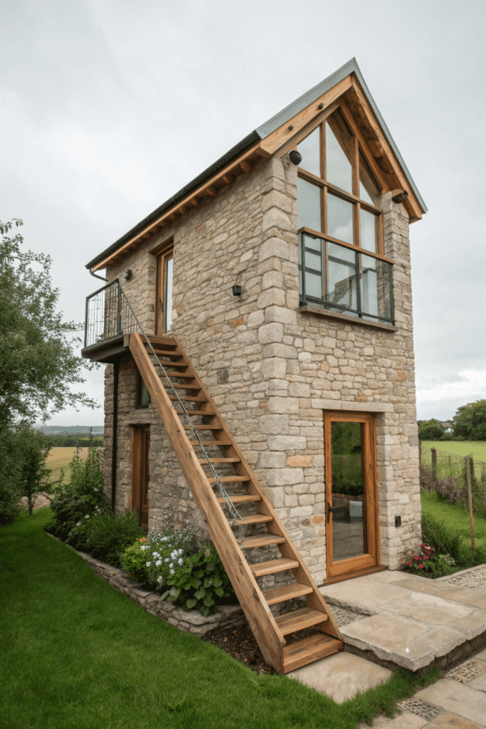 Atallnarrowstonehomewithasmallwoodenstai Stone Loft Tiny Home in countryside