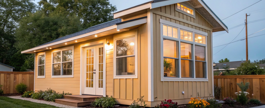 a yellow tuff shed tiny house
