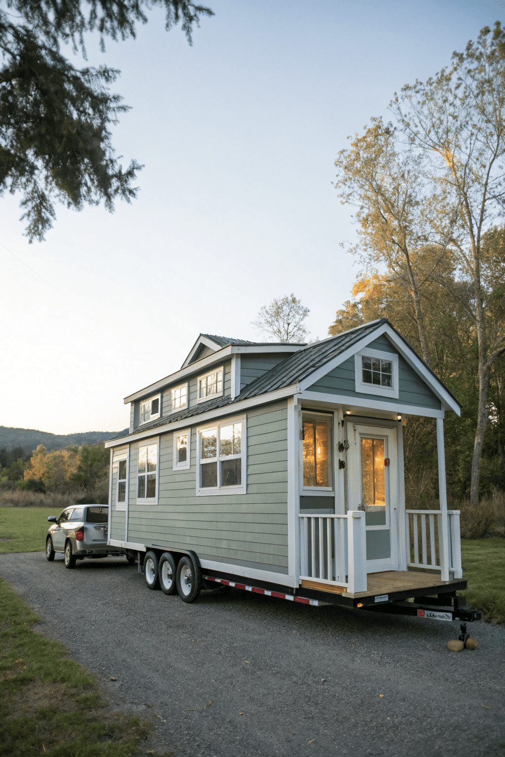 A photo of a scene featuring a large trailer with a green house being transported on a trailer. The <a href='https://exploretinyhouse.com/history-of-tiny-houses/'>house has a modern</a> design with a combination of green siding and white trim. The car is a light-colored sedan. The setting is outdoors, with a clear sky and a backdrop of trees, a grassy area, and a gentle incline leading to a distant mountain range. The sunlight casts a warm glow, suggesting the photo was taken during the transition between day and dusk.” class=”wp-image-1013″/></figure><p>A <a href=