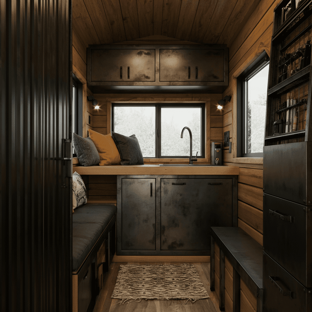 This tiny house interior is sleek and stylish, featuring simple lines and a neutral palette. Industrial touches like wood and steel are paired with textured rugs and pillows, creating warmth without clutter. It’s the perfect blend of simplicity and personality.