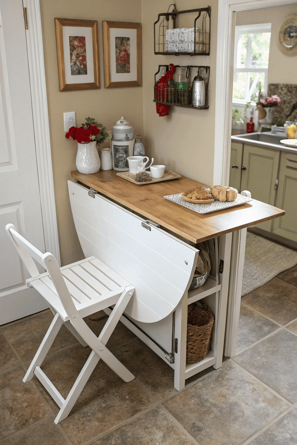 A4d84df1c2014edea466cae3e87666e8 A photo of a cozy kitchen area with a rustic charm The kitchen features a white white washed wooden bench with a sturdy design and a warm inviting wooden countertop with various kitchen items The wall is adorned with framed pictures and a variety of kitchen accessories The floor is covered with a muted neutral toned tile The image is a photograph capturing the essence of a homey kitchen with a blend of rustic and modern elements