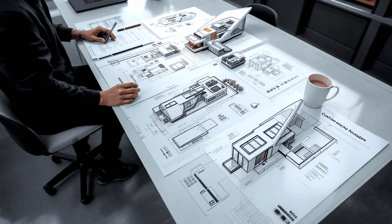 A6b5fa0b472d408dbe2d90742777c764 Custom micro house design plans spread out on a table