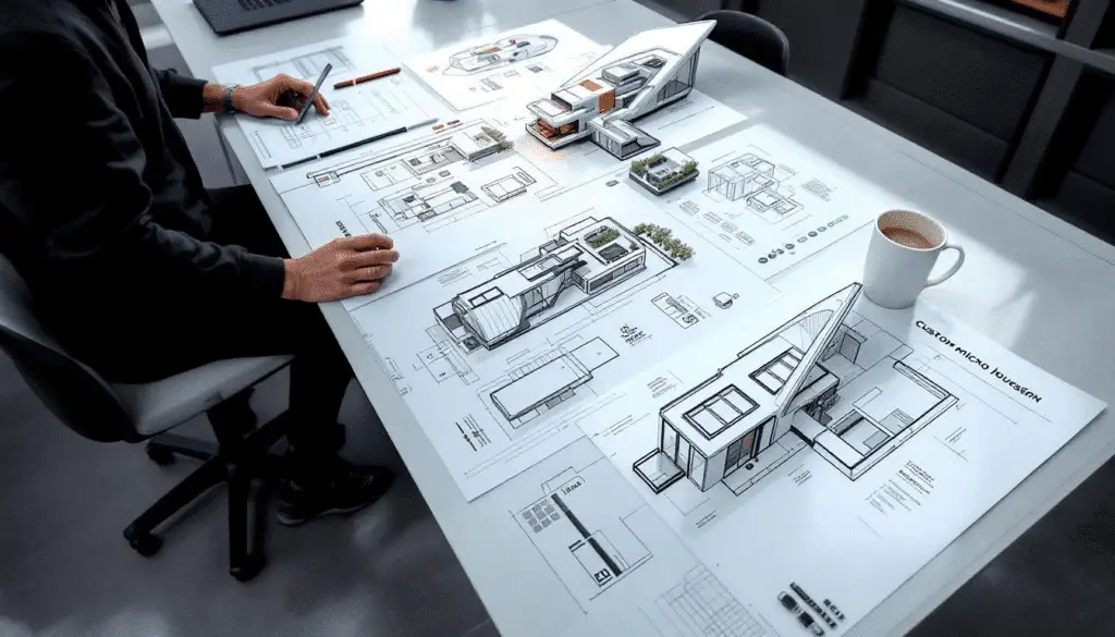A6b5fa0b472d408dbe2d90742777c764 Custom micro house design plans spread out on a table