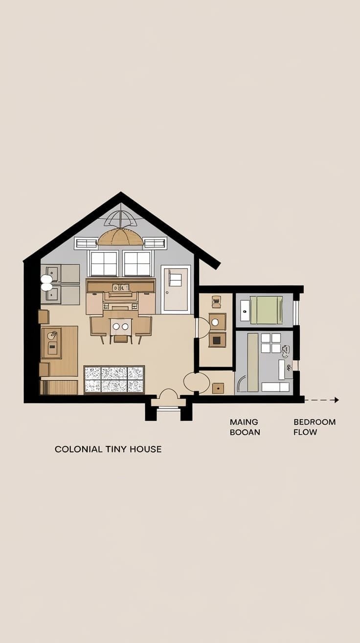 Aae8c6c605ec4e9498e25a8ffd7bf359 Floor plan of a colonial tiny house with labeled areas for main room and bedroom flow