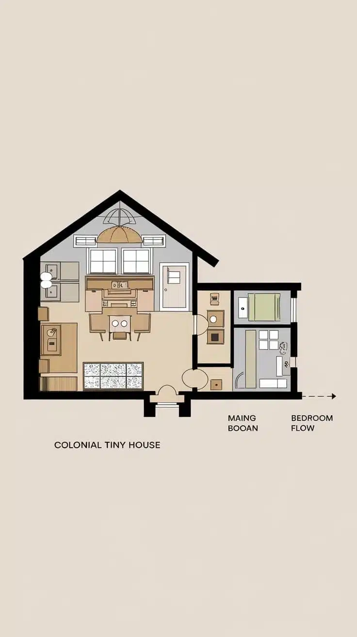 Floor plan of a colonial tiny house with labeled areas for main room and bedroom flow