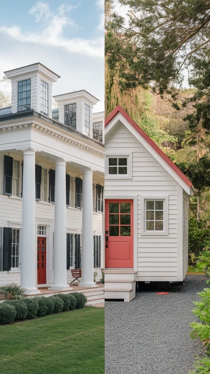 Acdf293de861442ab7c2a610891eb7ca A split image showing a grand colonial house on the left and a small colonial tiny house on the right