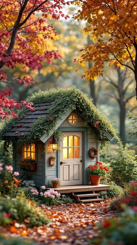 Adapting_to_seasonal_changes A cozy tiny house surrounded by colorful autumn foliage and blooming flowers
