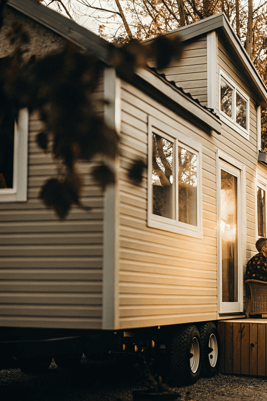 A photo of a scene featuring a small, light brown, prefabricated house with a relaxed, casual outdoor gathering. The house is situated in a natural setting with trees in the background. The warm, golden glow of the setting sun casts a soft light on the scene. People are present, with a young individual prominently seated on a wicker chair on the <a href='https://exploretinyhouse.com/tiny-house-interior/'>small deck attached to the house</a>. The photo is taken during the late afternoon, with a warm, golden light filtering through the trees.” class=”wp-image-1032″/></figure><h2 class=