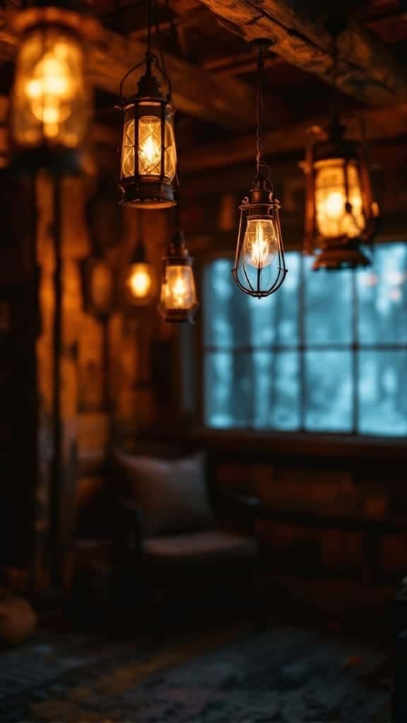 Antique_lanterns_and_lighting A cozy cabin interior with hanging antique lanterns illuminating the space
