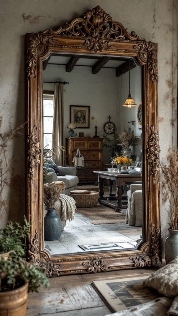 Antique_mirrors_and_wall_art An ornate antique mirror reflecting a cozy cabin interior