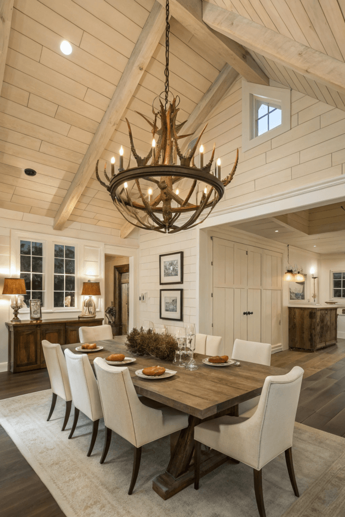 Antler decor antler dangling from a ceiling in kitchen dining table