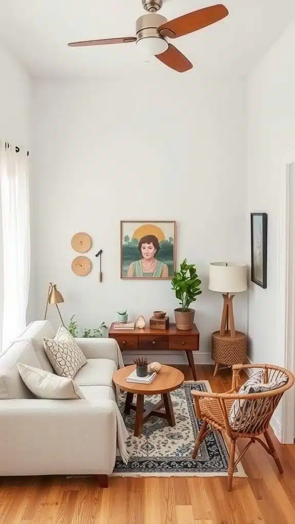 Artisan_handmade_decor Cozy tiny cottage living room with artisan handmade decor including a woven chair wooden table and plants