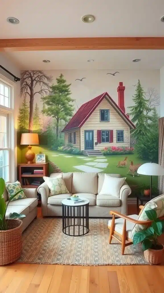 Artistic_wall_murals_for_personal_touch A cozy living room featuring a beautiful wall mural of a cottage surrounded by trees and flowers