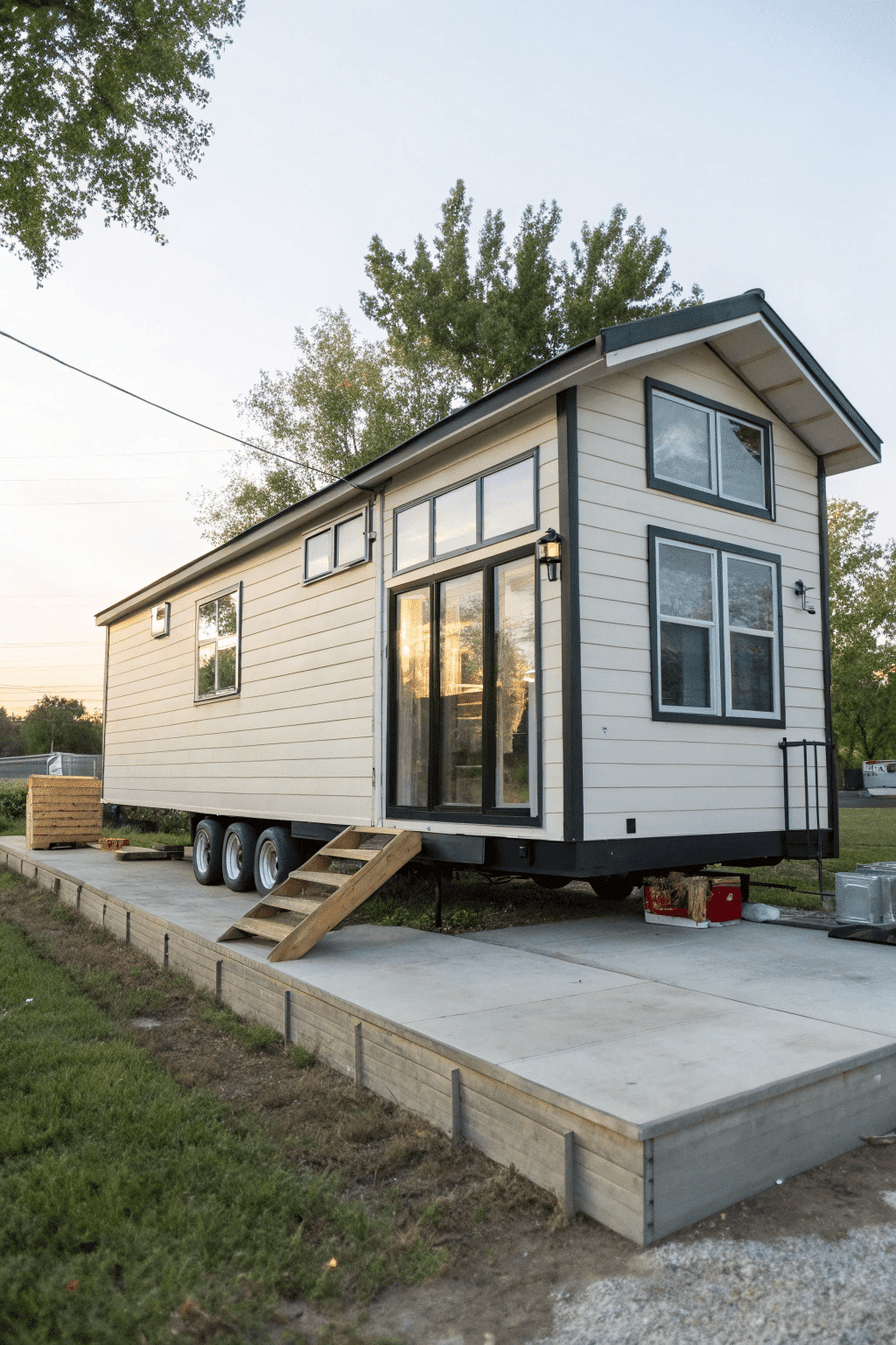 B264deaf425247609a8e3baba9ad806a A photo of a light colored single story house with a traditional residential design featuring a combination of a wooden decking structure and a mobile home base The house is situated on a concrete foundation with a wooden staircase leading up to the entrance The surrounding area includes a grassy lawn and some trees with the scene captured during the day with a soft ambient lighting The background shows a clear sky and the gentle silhouette of trees The style of the image is a straightforward realistic photograph
