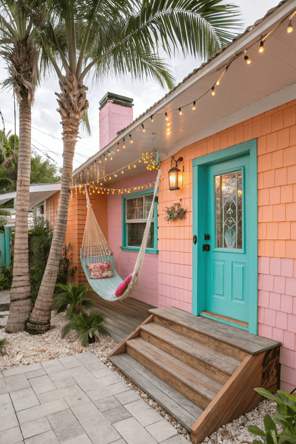 A pink Caribbean Cabana type tiny house