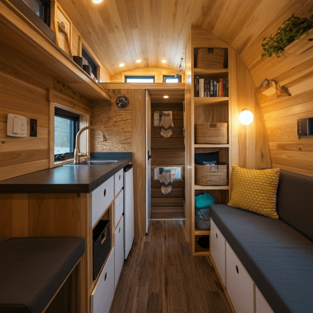 Every corner counts in this cleverly designed space. Hidden compartments, vertical shelving reaching the ceiling, and built-in furniture seamlessly maximize storage. The room feels organized and functional while keeping the aesthetics modern and clean.