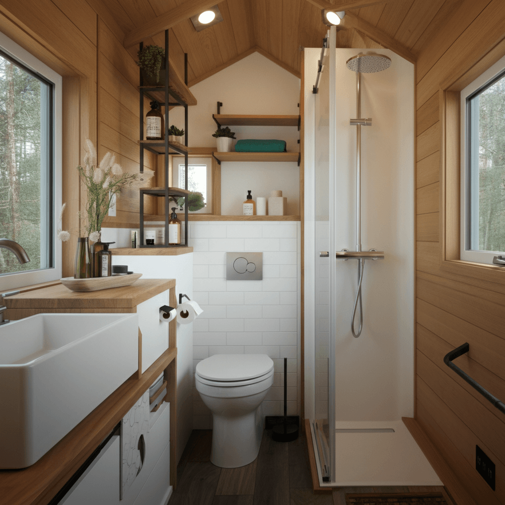 A composting toilet saves space, while slim shelves and a sliding shower door add functionality. Stylish touches and smart storage make it both practical and inviting.