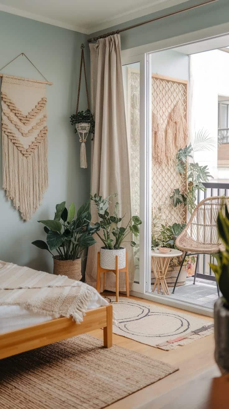Balcony_access_for_nature_lovers A small boho bedroom with balcony access featuring plants a cozy bed and natural light