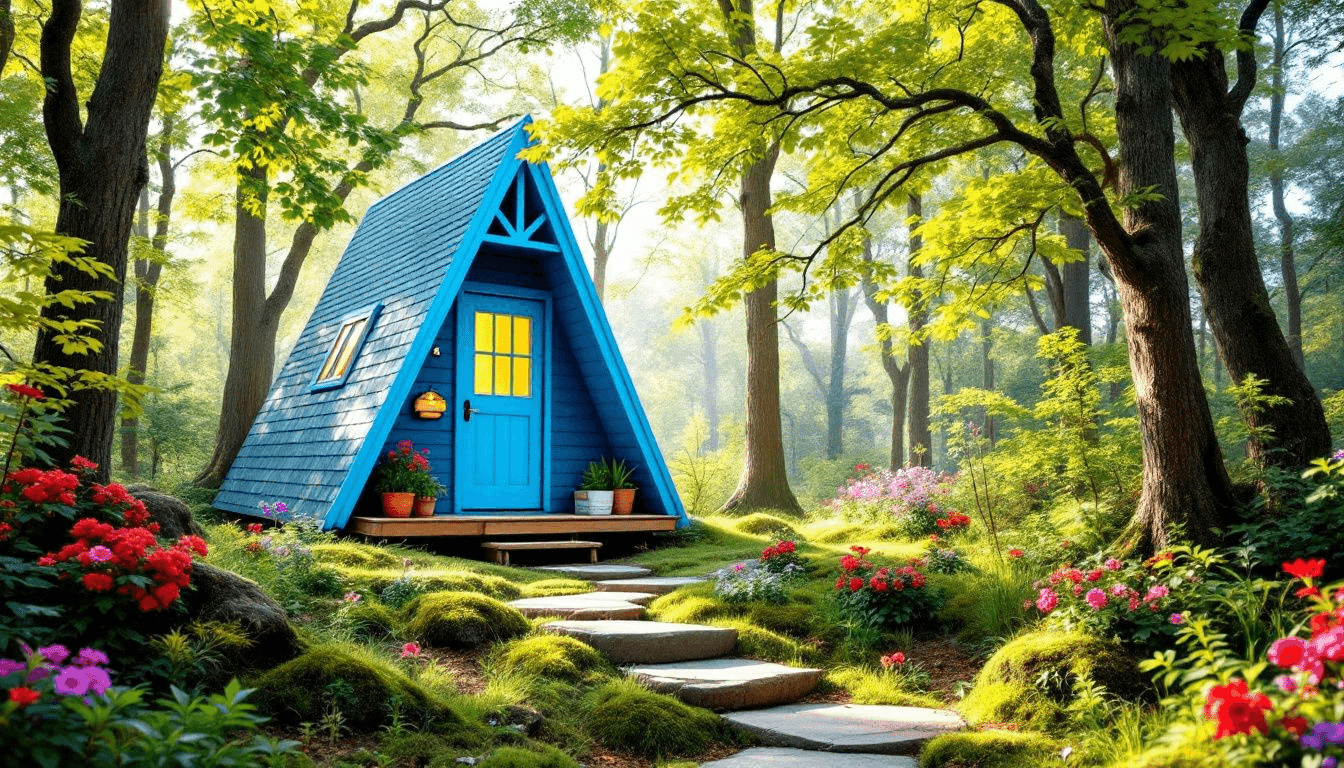 An adorable A-frame tiny house nestled in the woods.