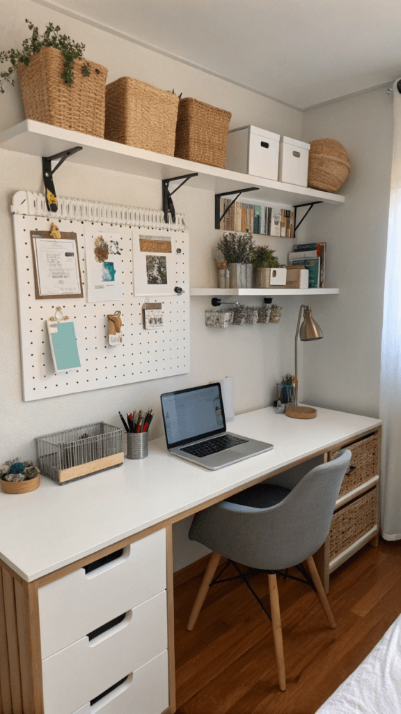 A bedroom office with innovative storage solutions The image features floating shelves above the desk a pegboard with hanging office supplies and under desk storage bins The room is tidy and organized showcasing how smart storage can maximize space without cluttering the bedroom