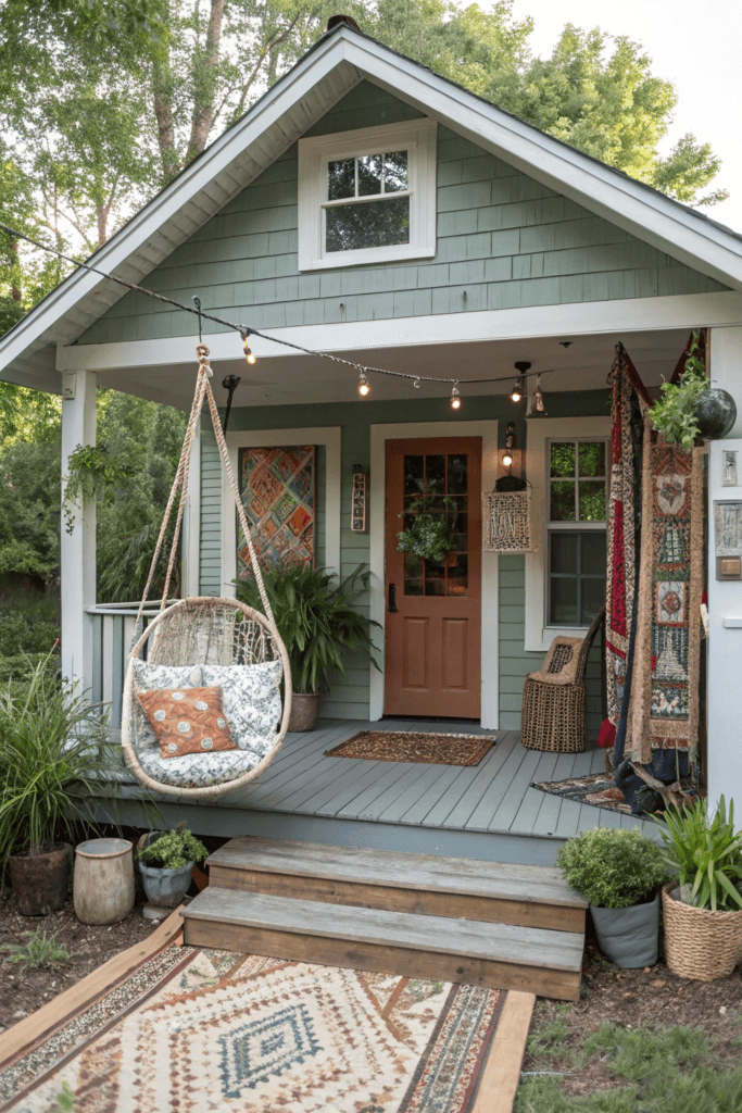 Bohemian bungalows A whimsically styled tiny house draped in cozy, eclectic decor. The exterior features mismatched prints and colors, while the porch reveals a hanging chair surrounded by lush potted plants. Woven rugs and tapestries add to the boho vibe, creating a space with personality and warmth.