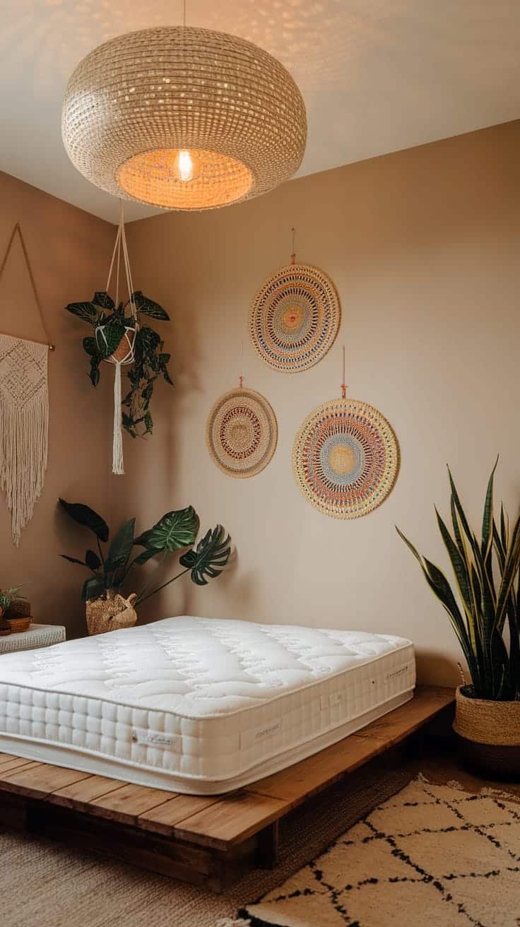 Bohemian_lighting_fixtures Cozy small boho bedroom featuring woven pendant light and bohemian decor