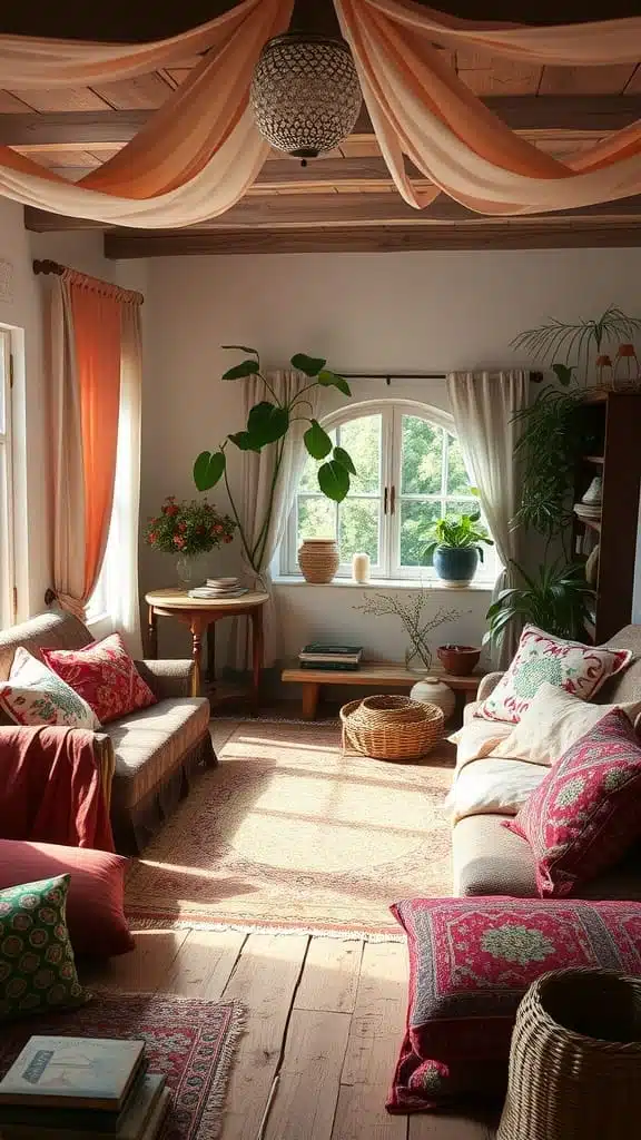 Bohemian_vibes_with_flowing_fabrics A bohemian inspired living room with flowing fabrics vibrant cushions and plants