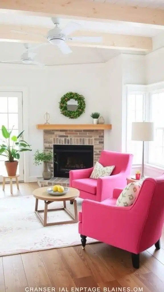 Bright_accent_chairs_for_a_pop_of_color Bright pink accent chairs in a cozy cottage living room with a fireplace and plants
