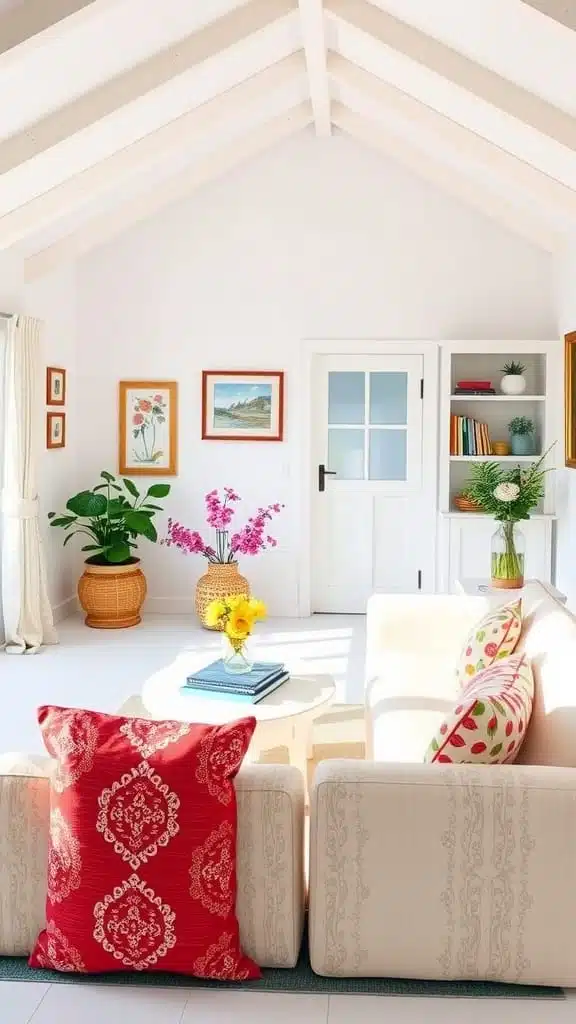 Bright_white_walls_with_colorful_accents A bright and airy cottage living room with white walls colorful pillows and vibrant flowers