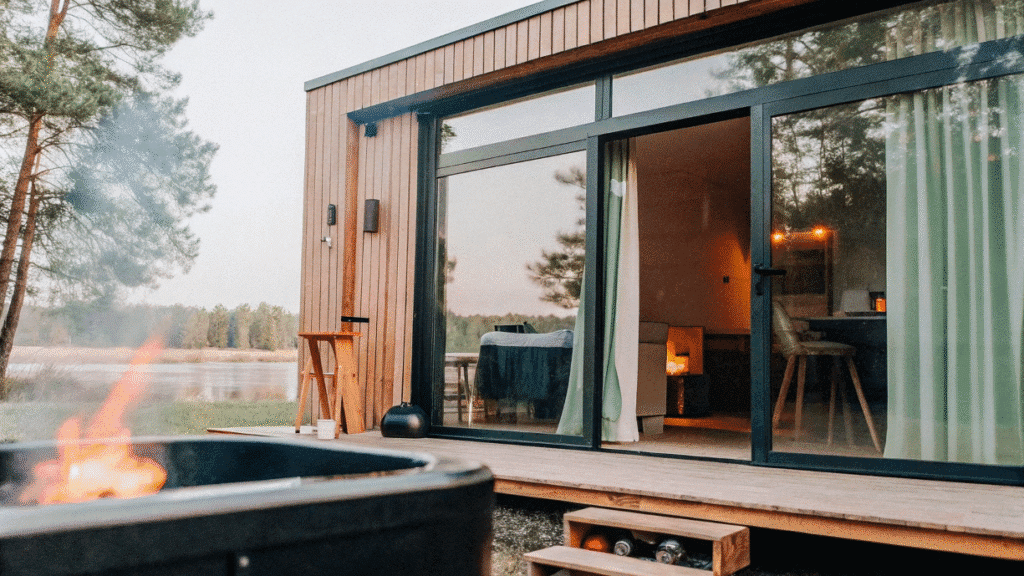 Broken bow A stylish contemporary tiny house with expansive glass sliding doors revealing a stunning lake view A steaming outdoor hot tub invites relaxation while a nearby fire pit promises a warm and cozy evening