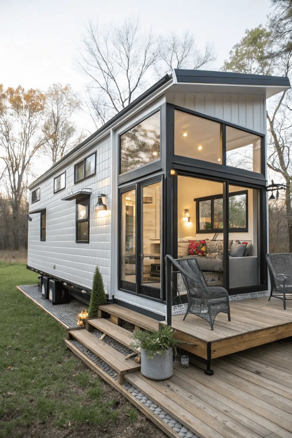 modern tiny ranch house with white exterior and large windows