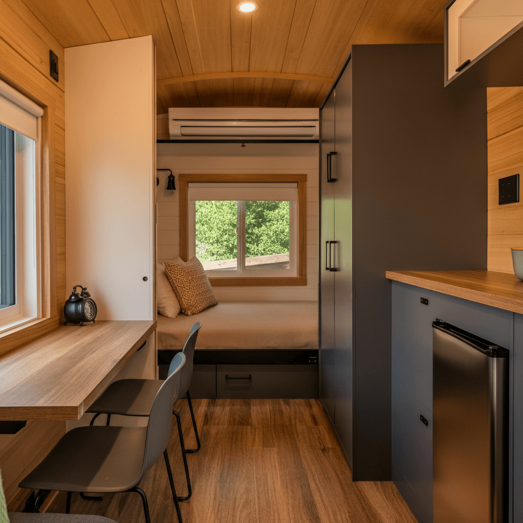 This smart interior packs big function into small furniture. A Murphy bed folds neatly away, and wall-mounted desks leave plenty of room to move. Compact appliances complete the design, showcasing practicality and comfort in one space.
