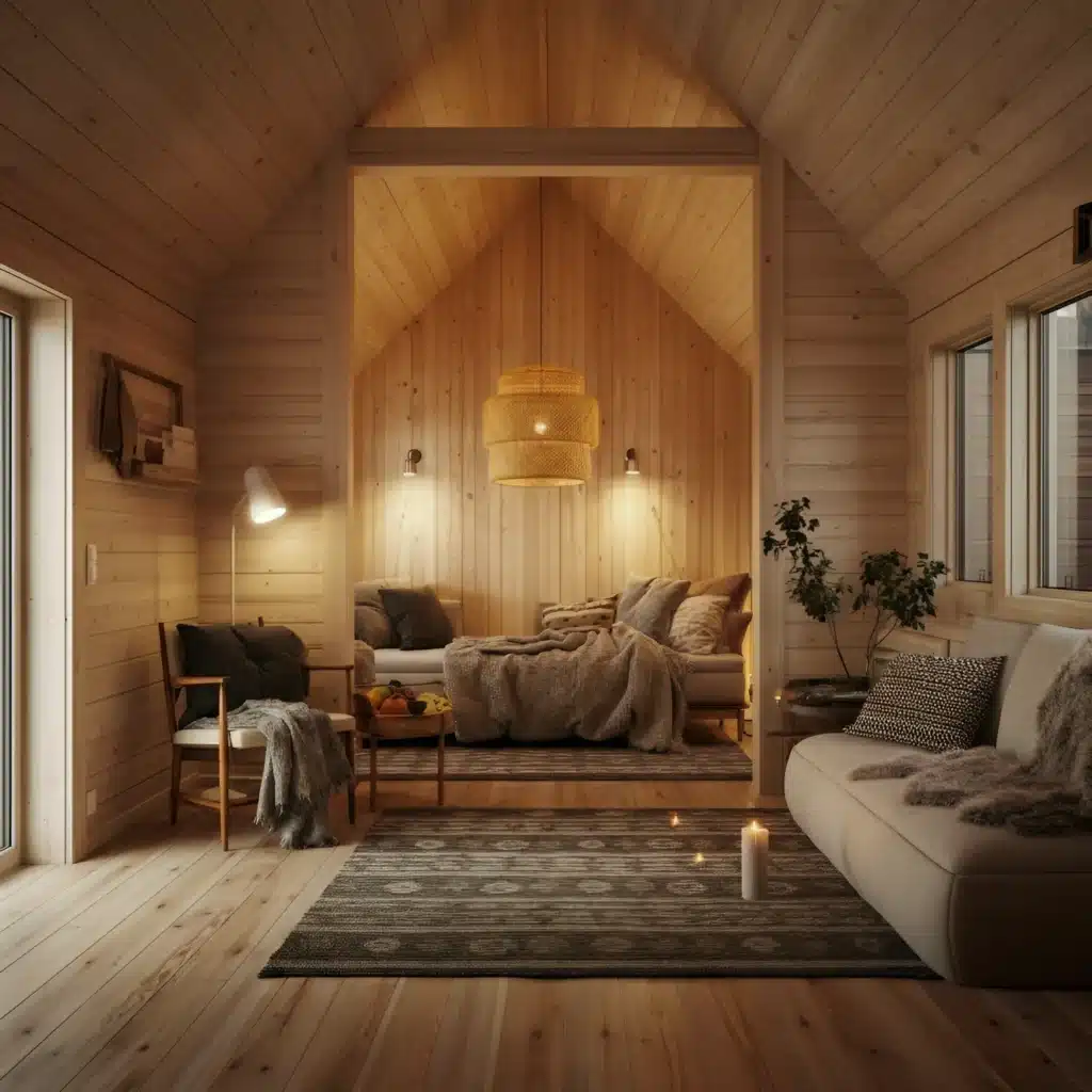 Cabin interior This image illustrates the interior of a warm, inviting Scandinavian cabin. The space is filled with natural wood from floor to ceiling, giving it a cozy, earthy feel. Soft throws, patterned rugs, and chunky knit blankets add layers of texture for extra comfort. The open layout is practical, with the living area doubling as a sleeping zone. Large windows frame stunning outdoor views, bringing nature right into the heart of the cabin and enhancing its retreat-ready charm.