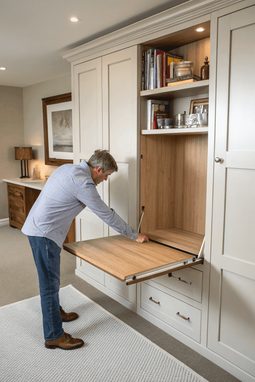 Cb0ab7397a484459b046d0fd30d6ef26 A photo of a Caucasian male with a graying haircut dressed in a long sleeved light blue shirt and blue jeans working on a wardrobe with a wooden sliding panel The wardrobe is a tall light colored wooden unit with multiple shelves and compartments filled with various items such as books and decorative objects The room has a soft ambient lighting and a neutral color palette with a subtle abstract artwork and a decorative lamp present in the background