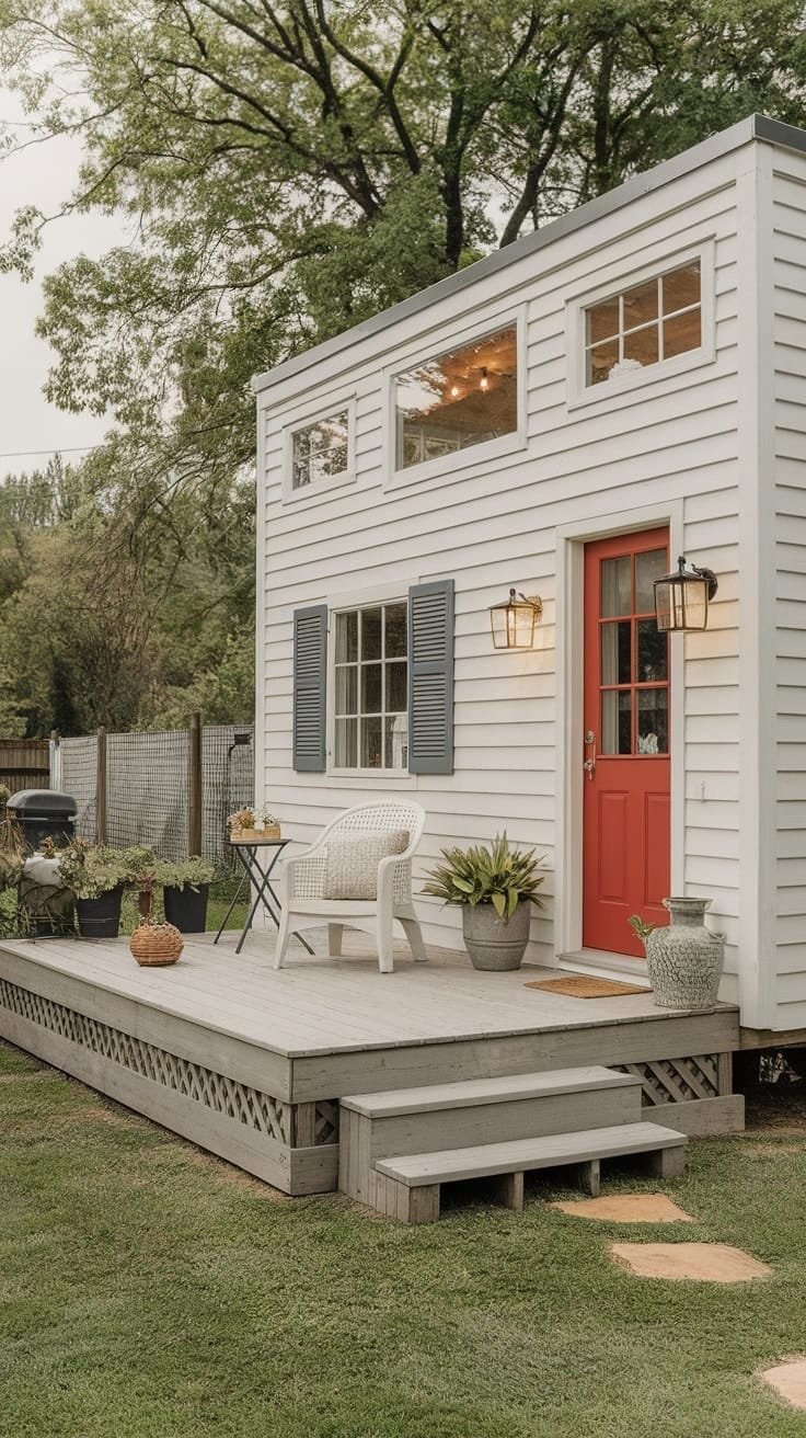Cc9b4bda3da7495cb9ca0c5b0274be84 A colonial tiny house with a cozy porch red door and potted plants