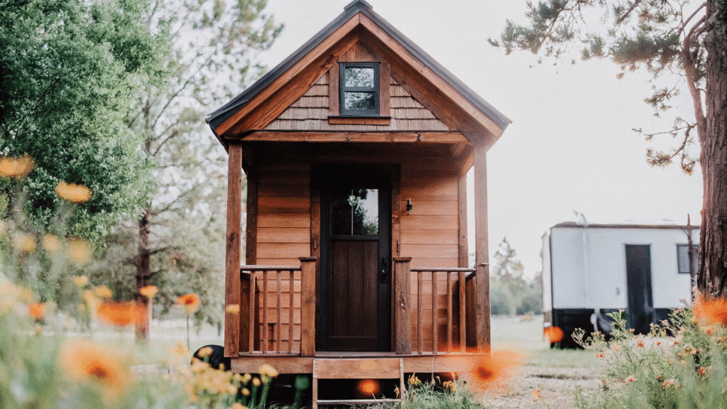 A photograph capturing a rustic outdoor scene with a focus on a traditional wooden structure a stylized representation of a classic wooden cabin with a brown color palette The cabin is surrounded by nature with a variety of flora in the foreground including colorful flowers such as sunflowers 