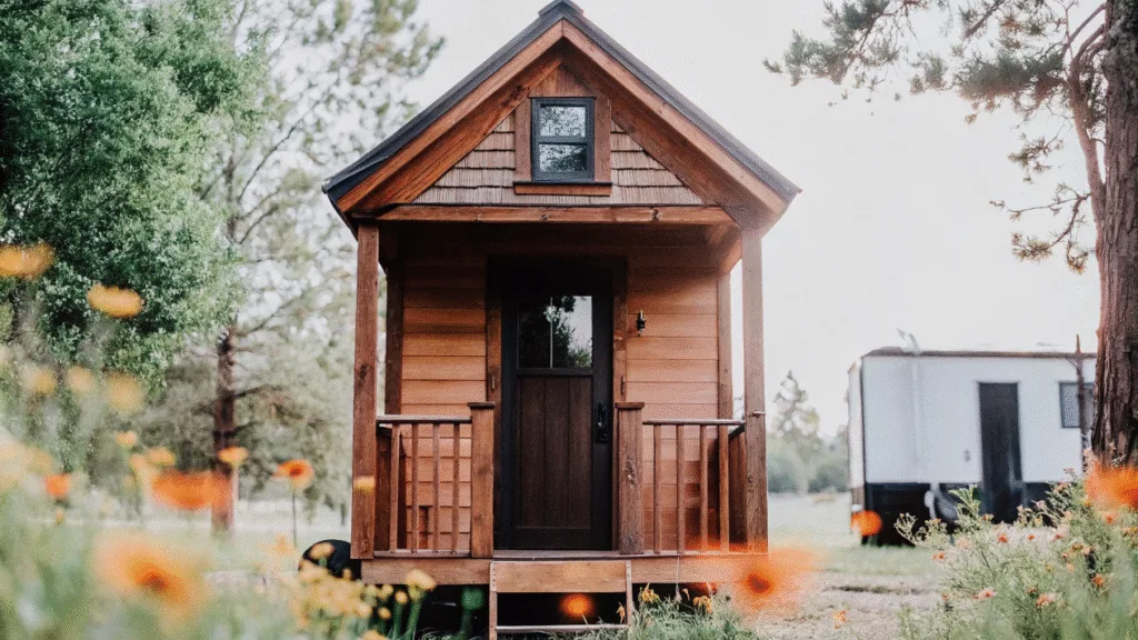 Charming amish small home A photograph capturing a rustic outdoor scene with a focus on a traditional wooden structure a stylized representation of a classic wooden cabin with a brown color palette The cabin is surrounded by nature with a variety of flora in the foreground including colorful flowers such as sunflowers