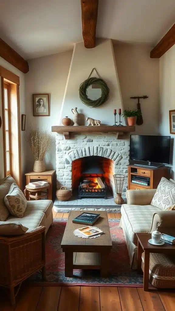 Charming_fireplace_as_a_focal_point A cozy cottage living room featuring a charming fireplace with a stone surround wooden beams and comfortable seating
