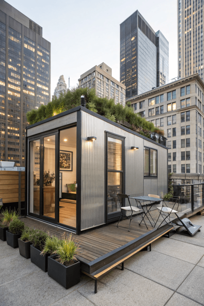 Chic tiny house A chic, contemporary tiny home designed for city living. The exterior has a polished look with metal and glass materials, a rooftop garden, and minimalist furniture on a small urban patio. The home is positioned against a backdrop of tall city buildings.