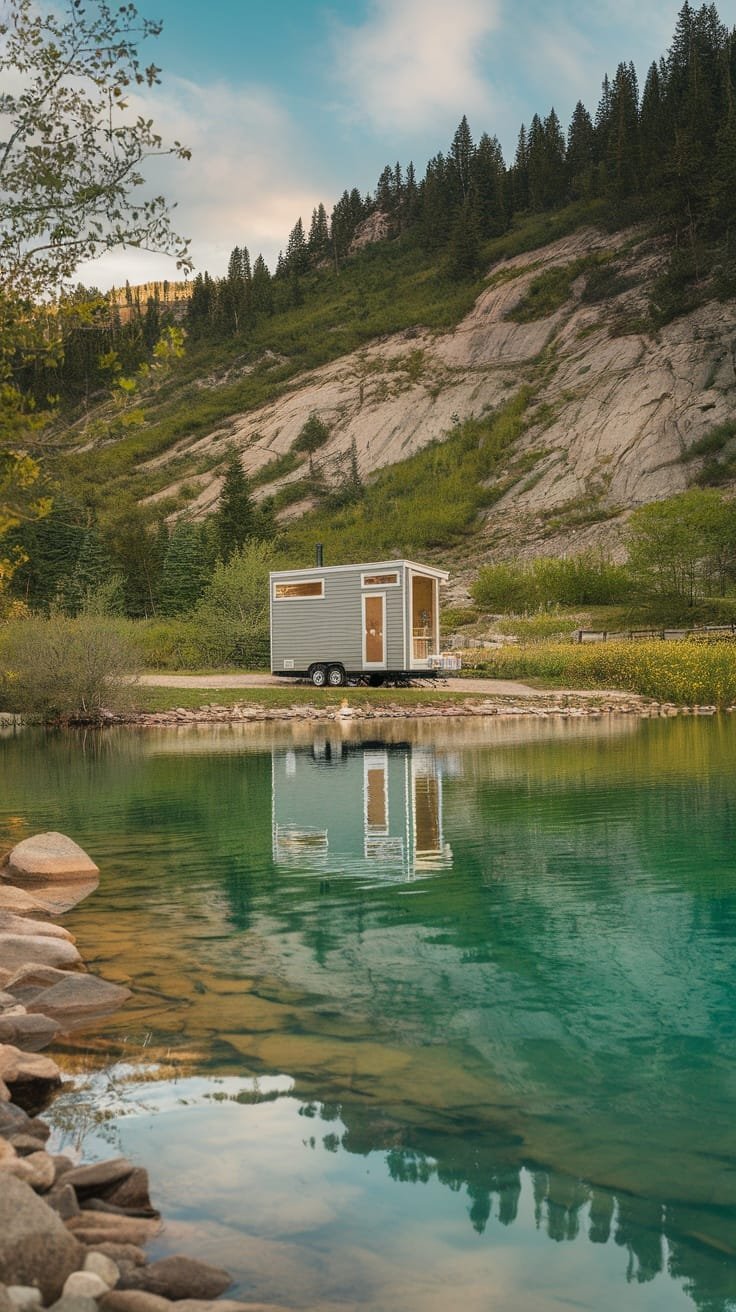 Choosing_the_right_location_for_your_tiny_house A tiny house model by a tranquil lake surrounded by trees and hills