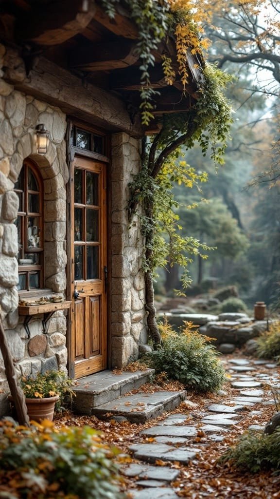 Classic_stone_and_wood_accents Antique cabin with stone and wood accents surrounded by nature